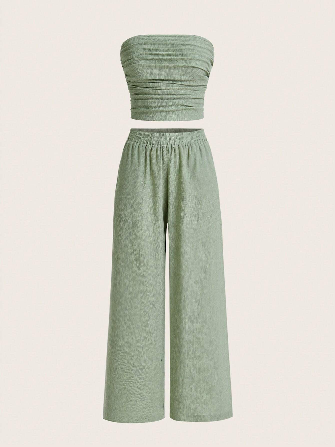 Women's Summer Casual Simple Strapless Top And Wide Leg Pants Two Pieces Set