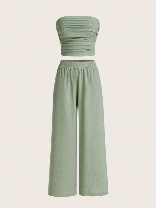 Women's Summer Casual Simple Strapless Top And Wide Leg Pants Two Pieces Set