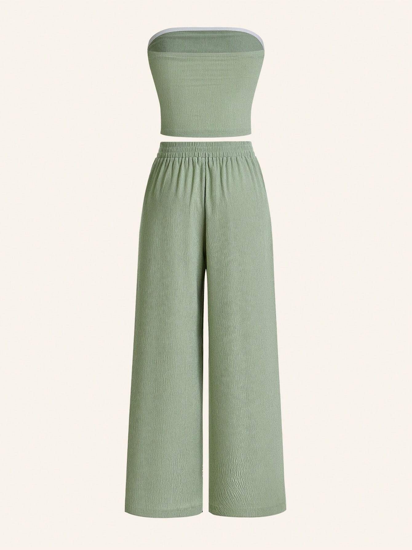 Women's Summer Casual Simple Strapless Top And Wide Leg Pants Two Pieces Set