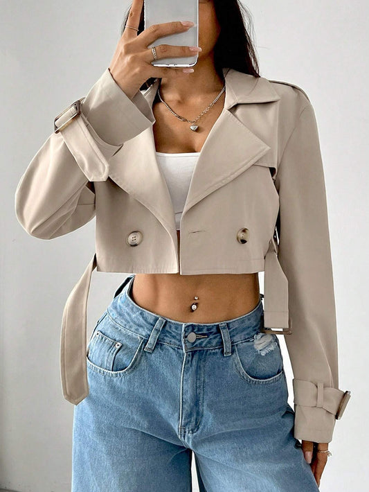 Women's Notched Lapel Button Front Long Sleeve Short Trench Coat, For Daily Casual In Fall/Winter