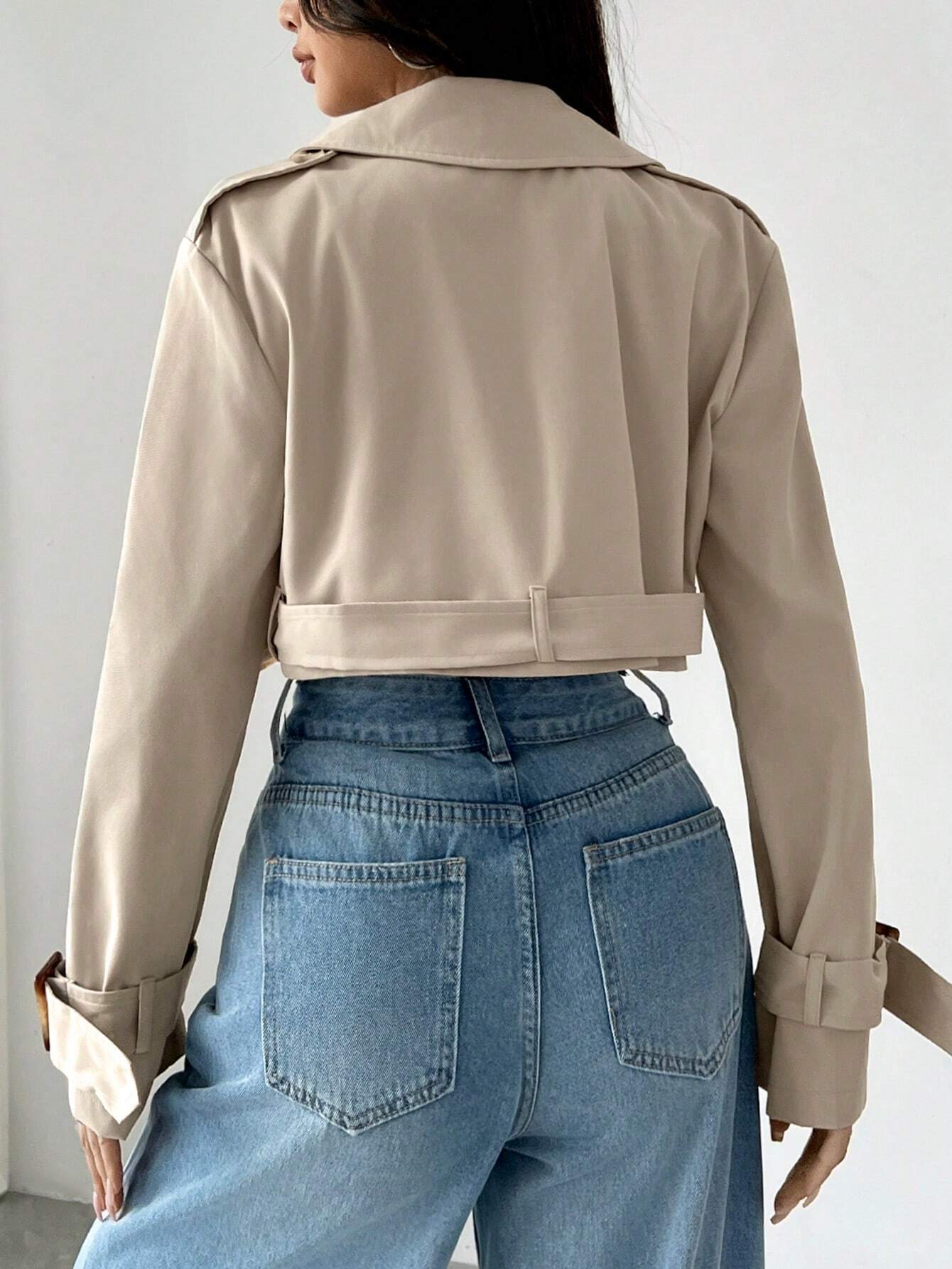 Women's Notched Lapel Button Front Long Sleeve Short Trench Coat, For Daily Casual In Fall/Winter