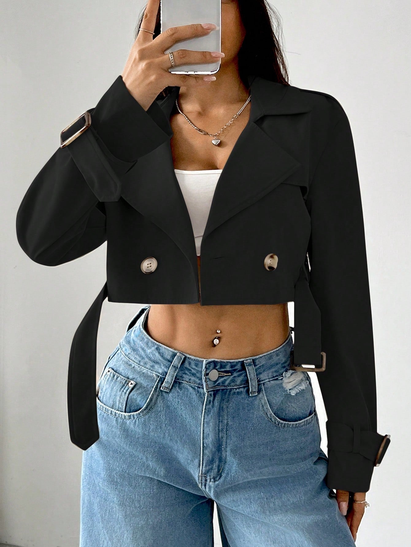 Women's Notched Lapel Button Front Long Sleeve Short Trench Coat, For Daily Casual In Fall/Winter