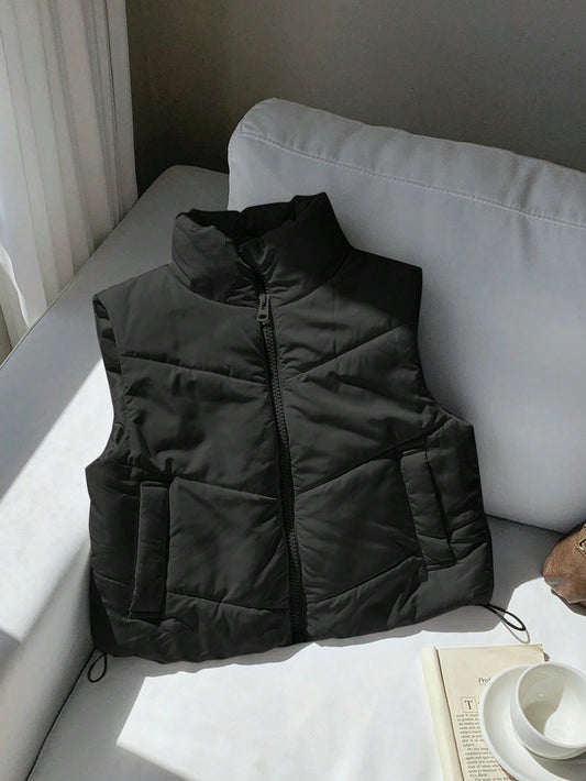 Winter Zip Up Double Face Snap Button Corduroy Drawstring Vest Coat