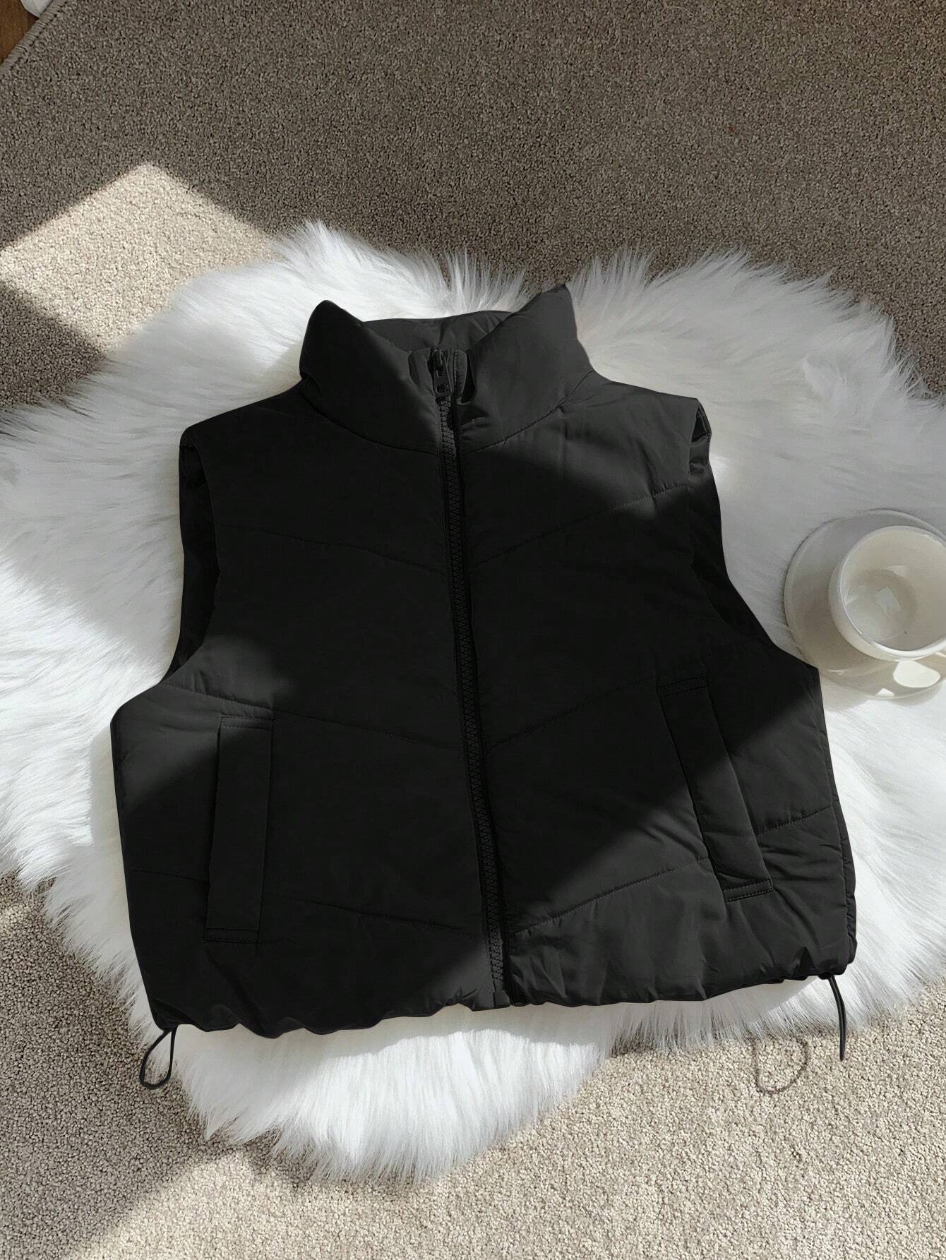 Winter Zip Up Double Face Snap Button Corduroy Drawstring Vest Coat