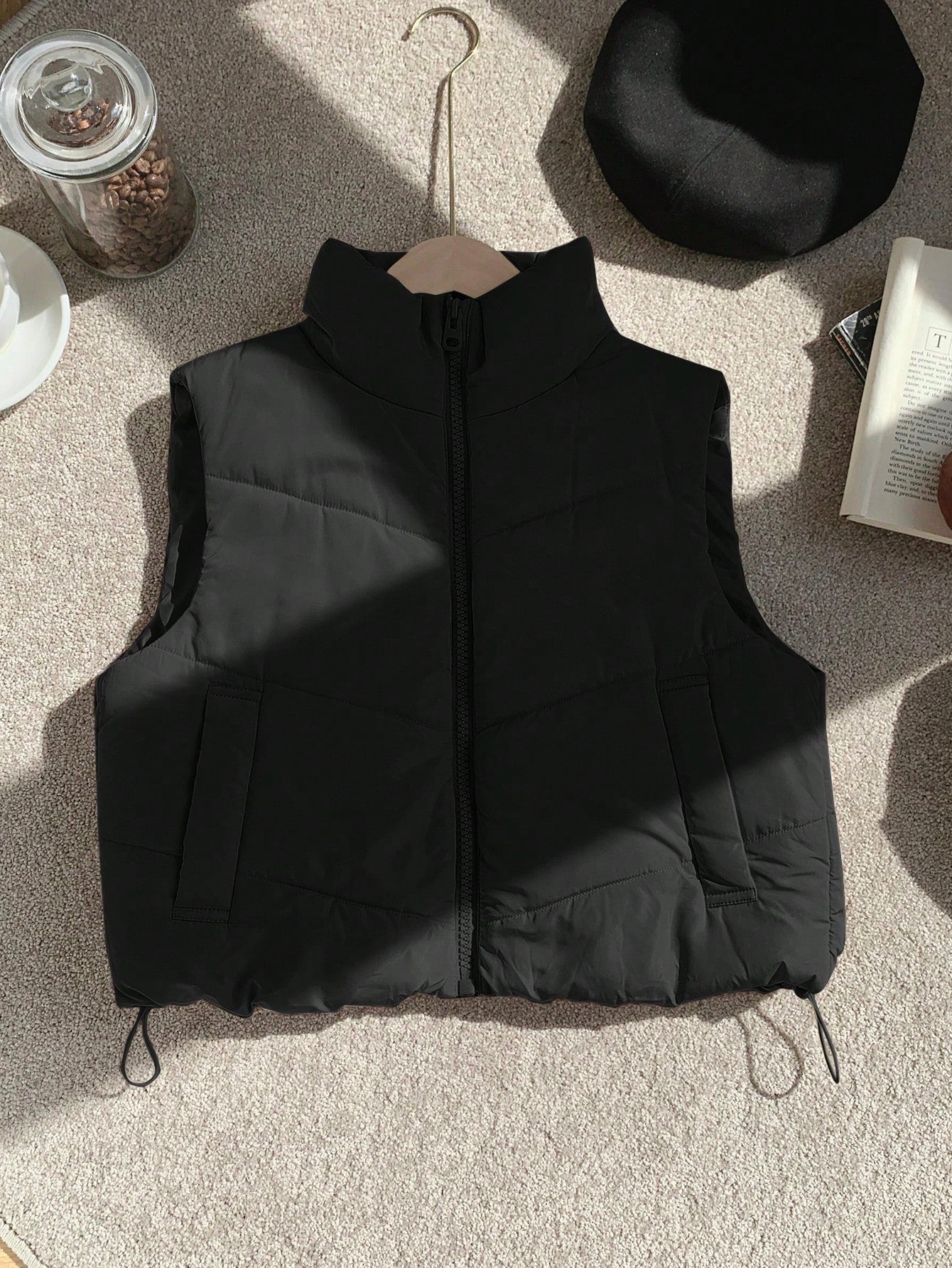 Winter Zip Up Double Face Snap Button Corduroy Drawstring Vest Coat