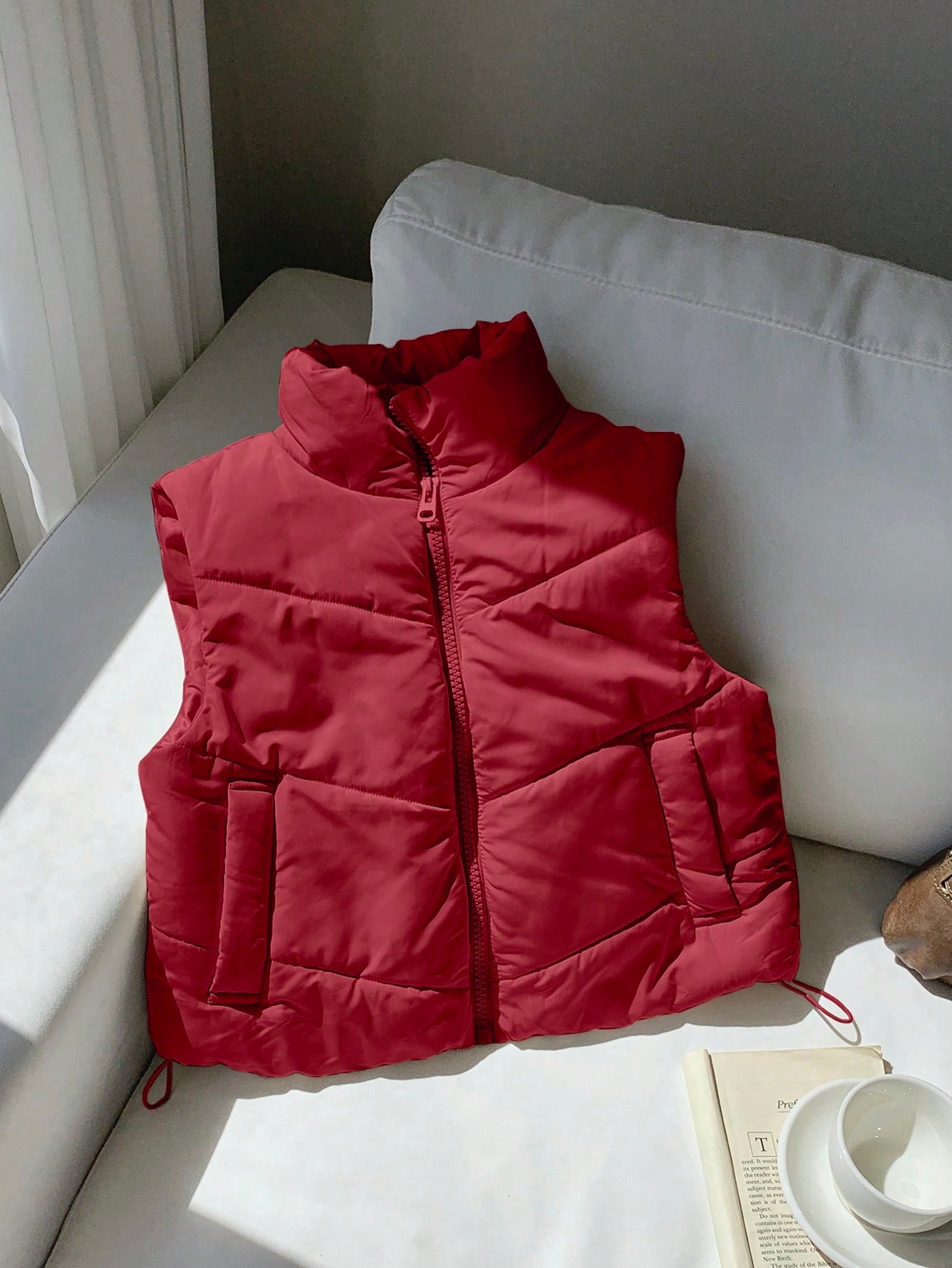 Winter Zip Up Double Face Snap Button Corduroy Drawstring Vest Coat