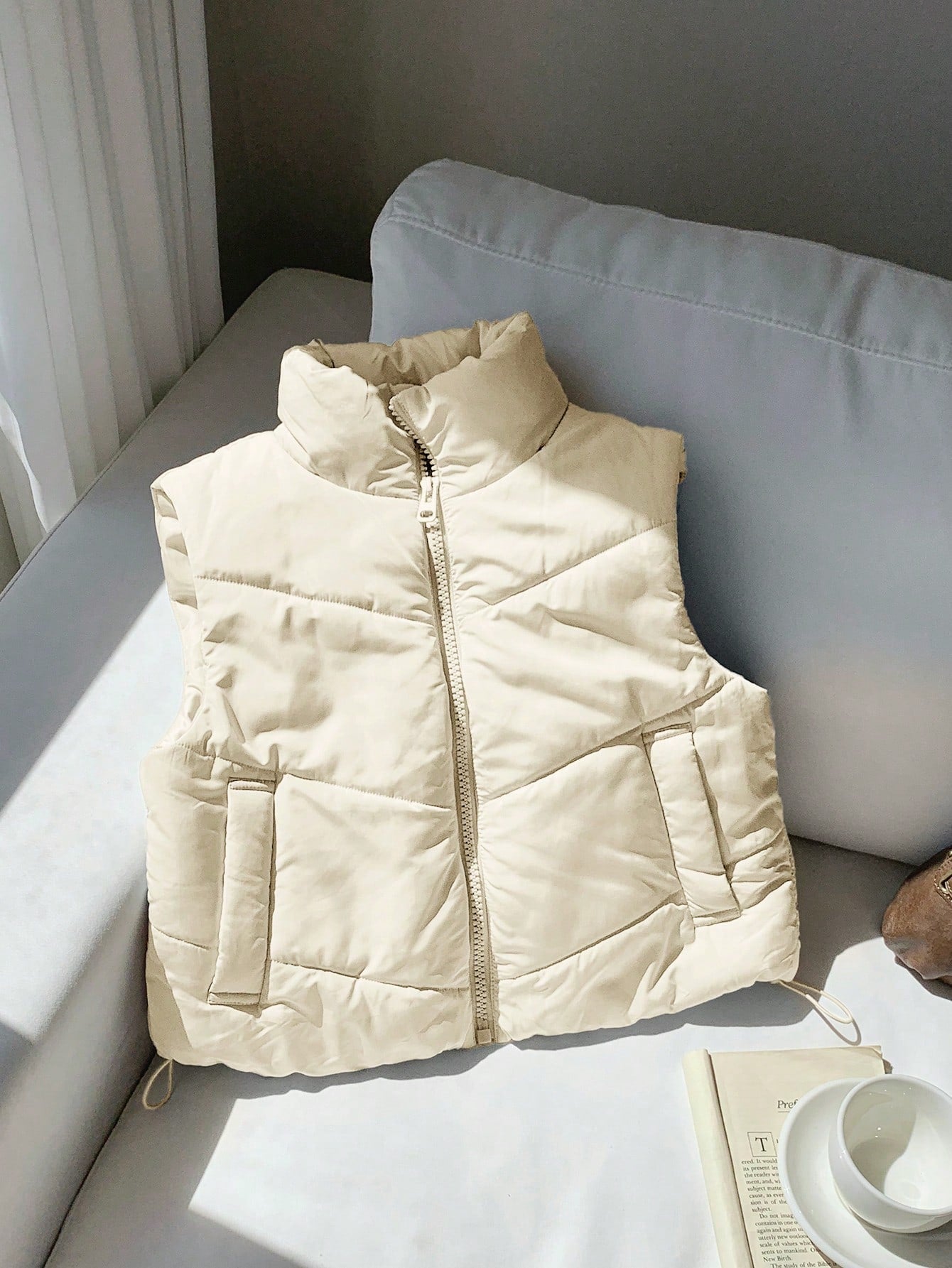 Winter Zip Up Double Face Snap Button Corduroy Drawstring Vest Coat