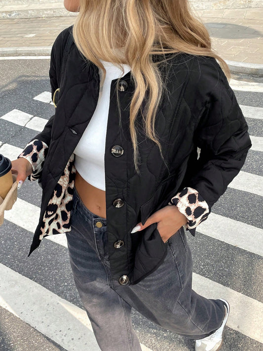 Women's Winter Patchwork Leopard Print Long Sleeve Casual Quilted Padded Coat Black Cheetah
