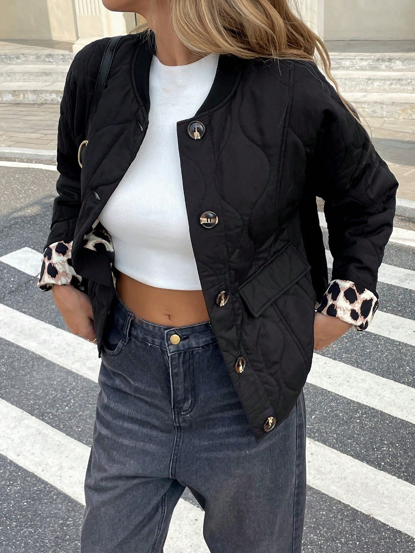 Women's Winter Patchwork Leopard Print Long Sleeve Casual Quilted Padded Coat Black Cheetah