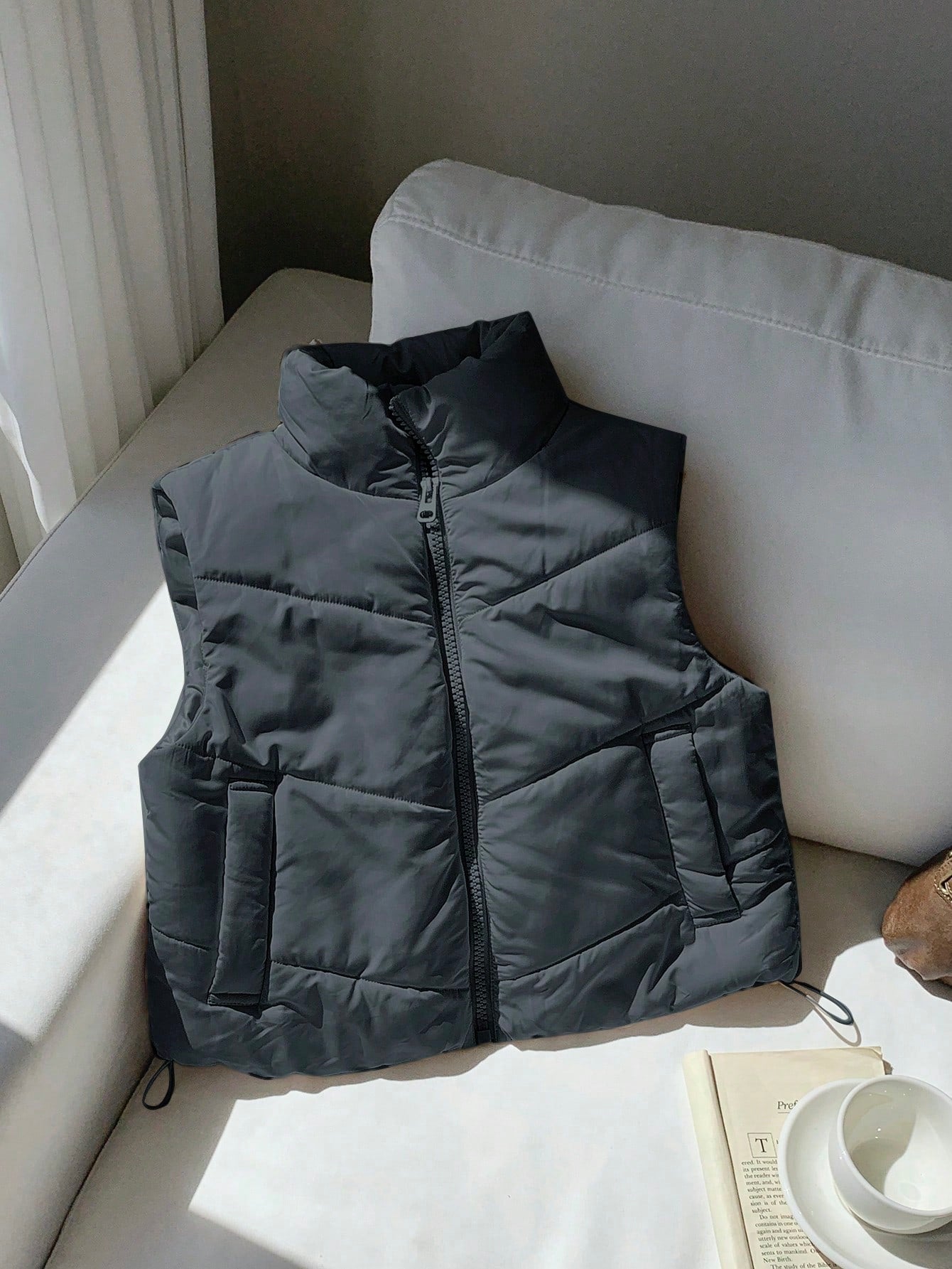 Winter Zip Up Double Face Snap Button Corduroy Drawstring Vest Coat