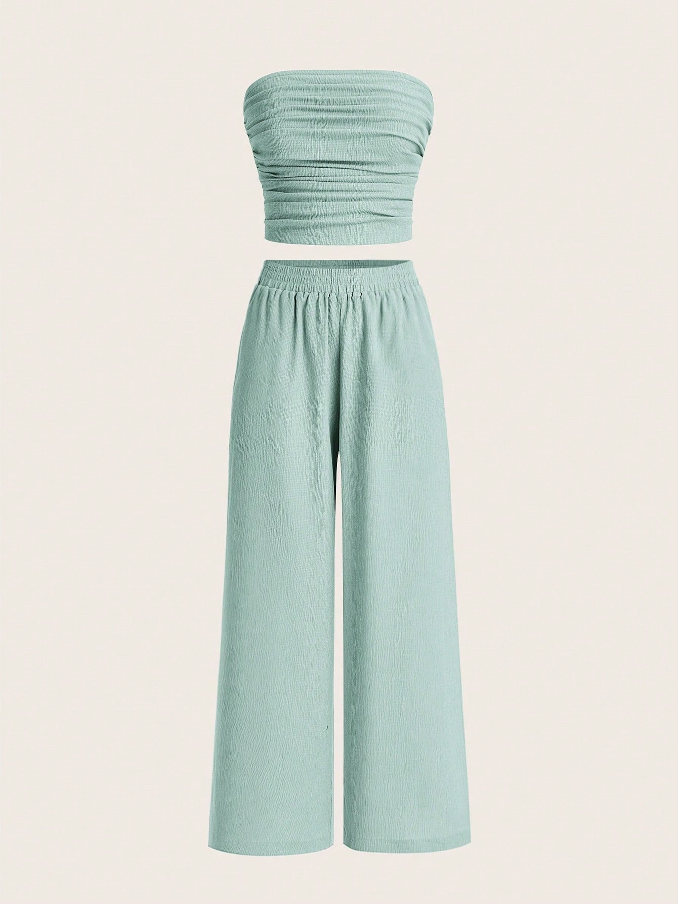 Women's Summer Casual Simple Strapless Top And Wide Leg Pants Two Pieces Set
