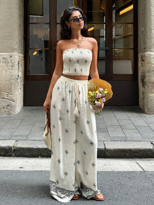 Women's Vacation Clashing Print Elegant Casual Stretchy Slimming Shirred Top Wide Leg Pants Set Tube Top And Pants Set Women Summer Clothes Women Two Pieces Outfits Vacation Outfits Woman Vacation Two Pieces Set Boho Women Clothing Flower Holiday