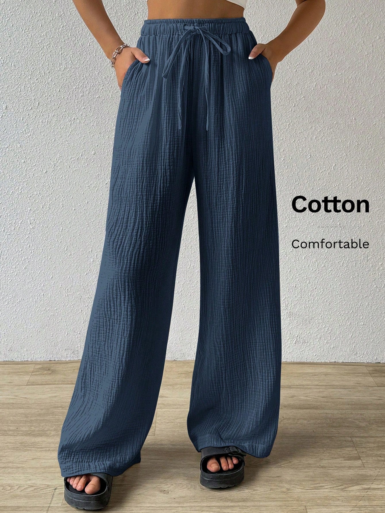 Women's Solid Color Simple Texture Wrinkled Loose Fit Pants For Daily Wear