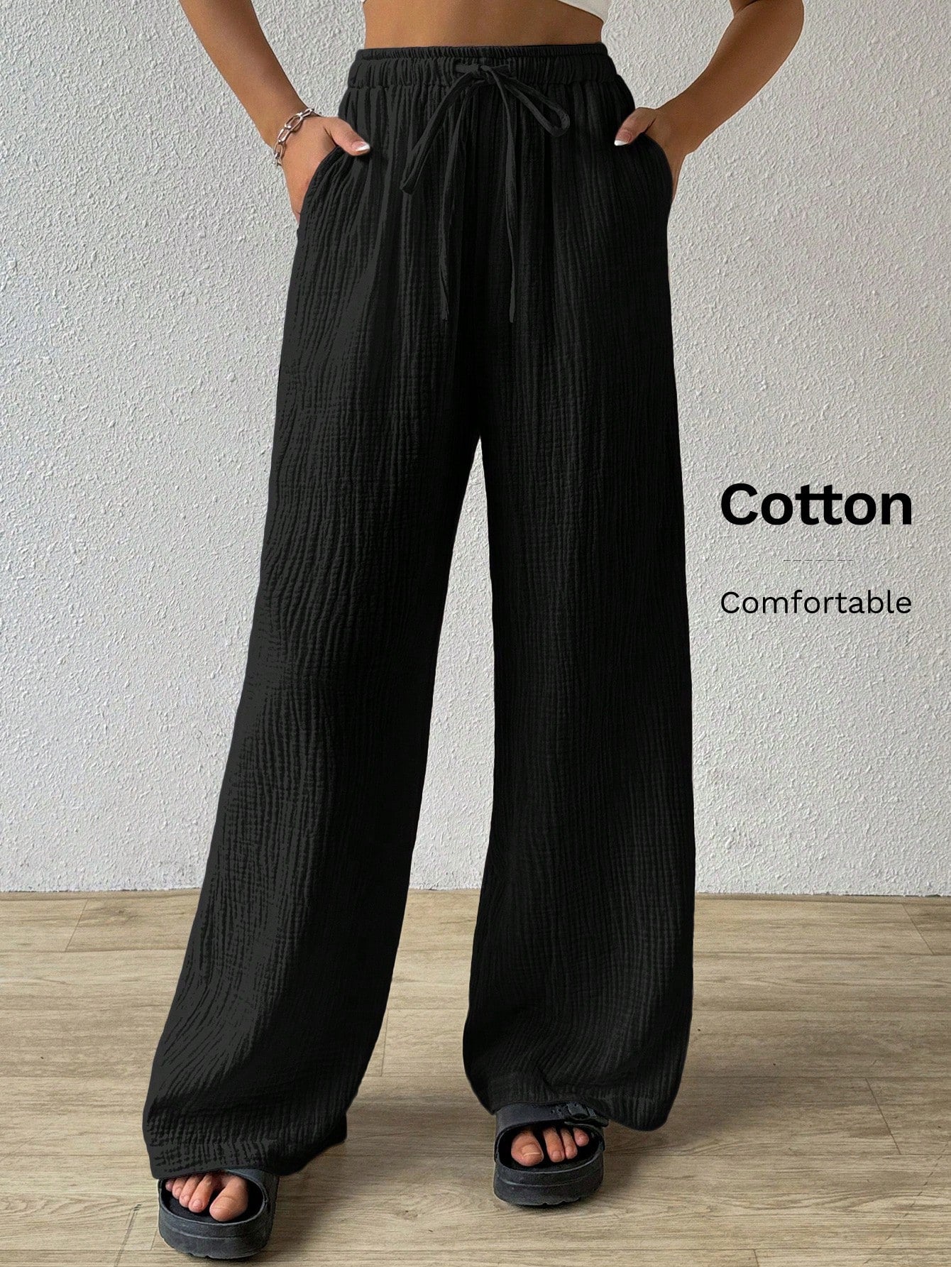 Women's Solid Color Simple Texture Wrinkled Loose Fit Pants For Daily Wear