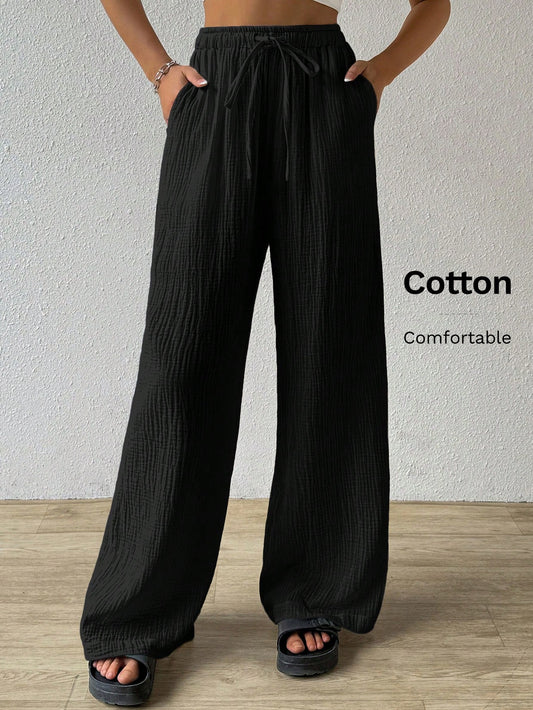 Women's Solid Color Simple Texture Wrinkled Loose Fit Pants For Daily Wear