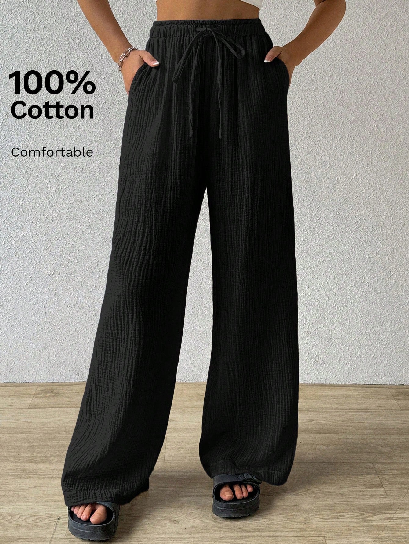 Women's Solid Color Simple Texture Wrinkled Loose Fit Pants For Daily Wear