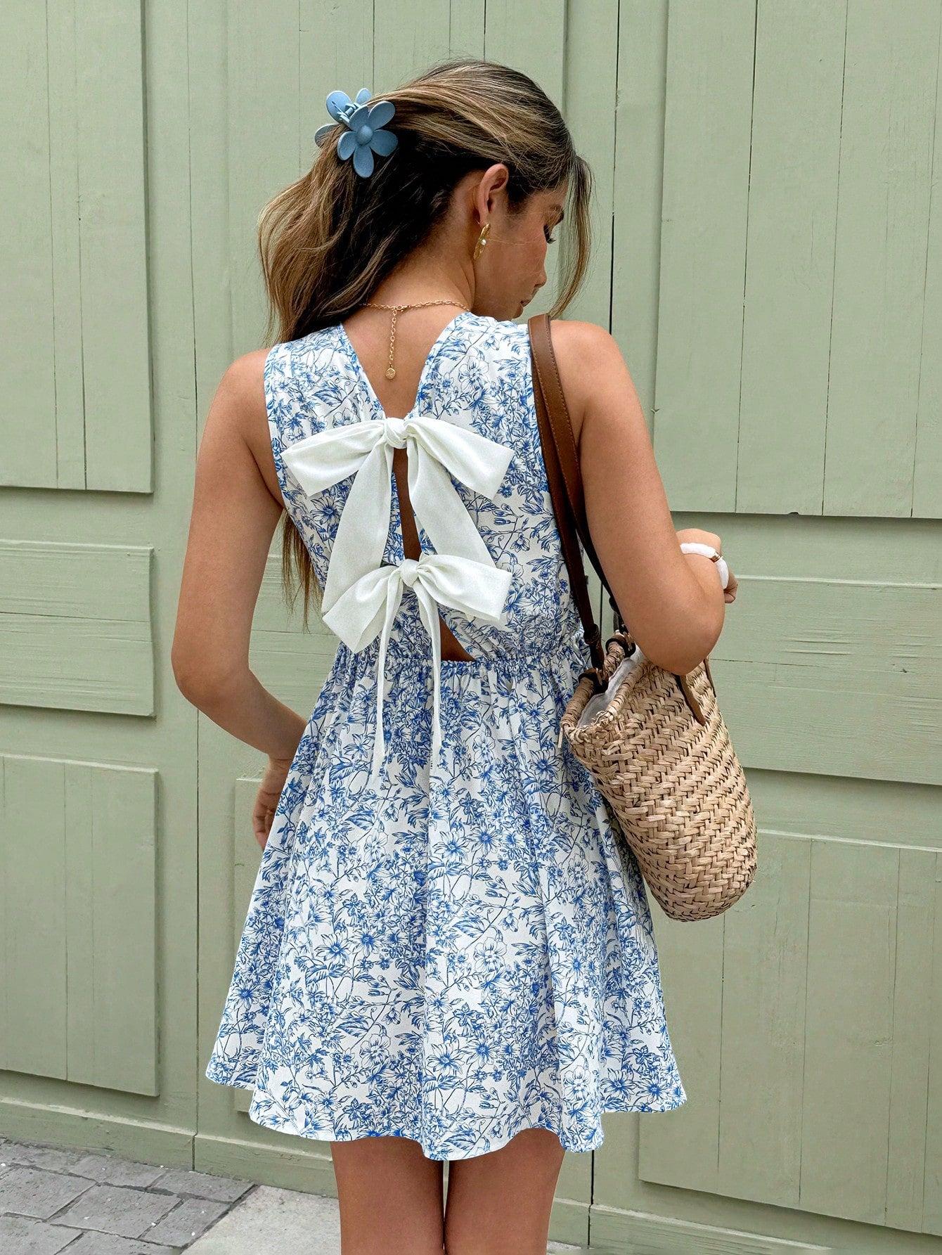 Women's Vacation Floral Print Backless Bow Sleeveless Mini Dress,Bohemian Clothes Summer Beach Holiday Resort
