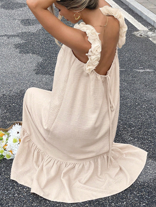 Vacation Backless Tie-Waist Solid Color,Women's Vacation Solid Color Open Back Tie-Up Frill Trim Dress Vacation Dress Summer Vacation Casual Holiday Resort