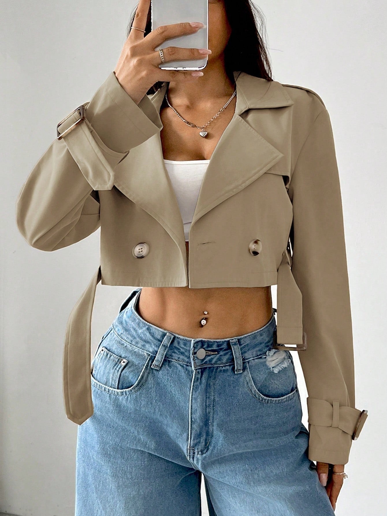 Women's Notched Lapel Button Front Long Sleeve Short Trench Coat, For Daily Casual In Fall/Winter
