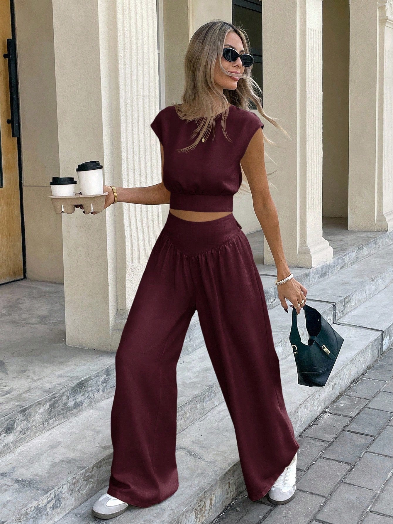 2pcs Women Summer Casual Solid Color Cropped Top And Full Length Pants Set Winter Brown Spring