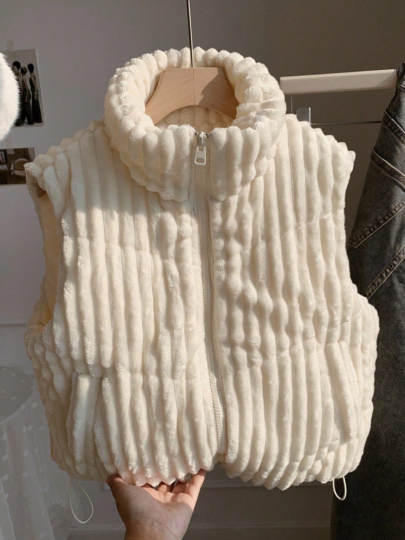 Winter Zip Up Double Face Snap Button Corduroy Drawstring Vest Coat