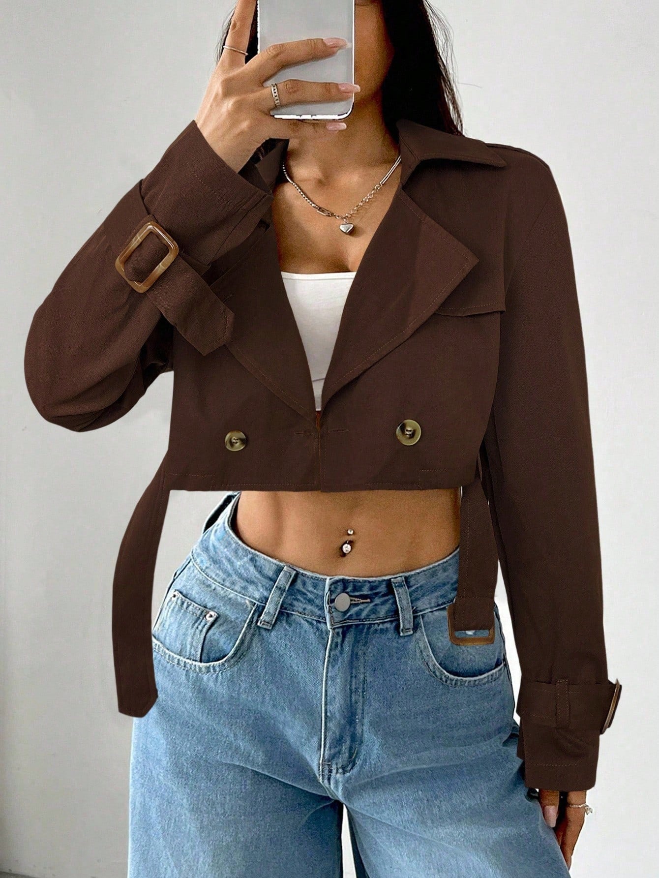 Women's Notched Lapel Button Front Long Sleeve Short Trench Coat, For Daily Casual In Fall/Winter