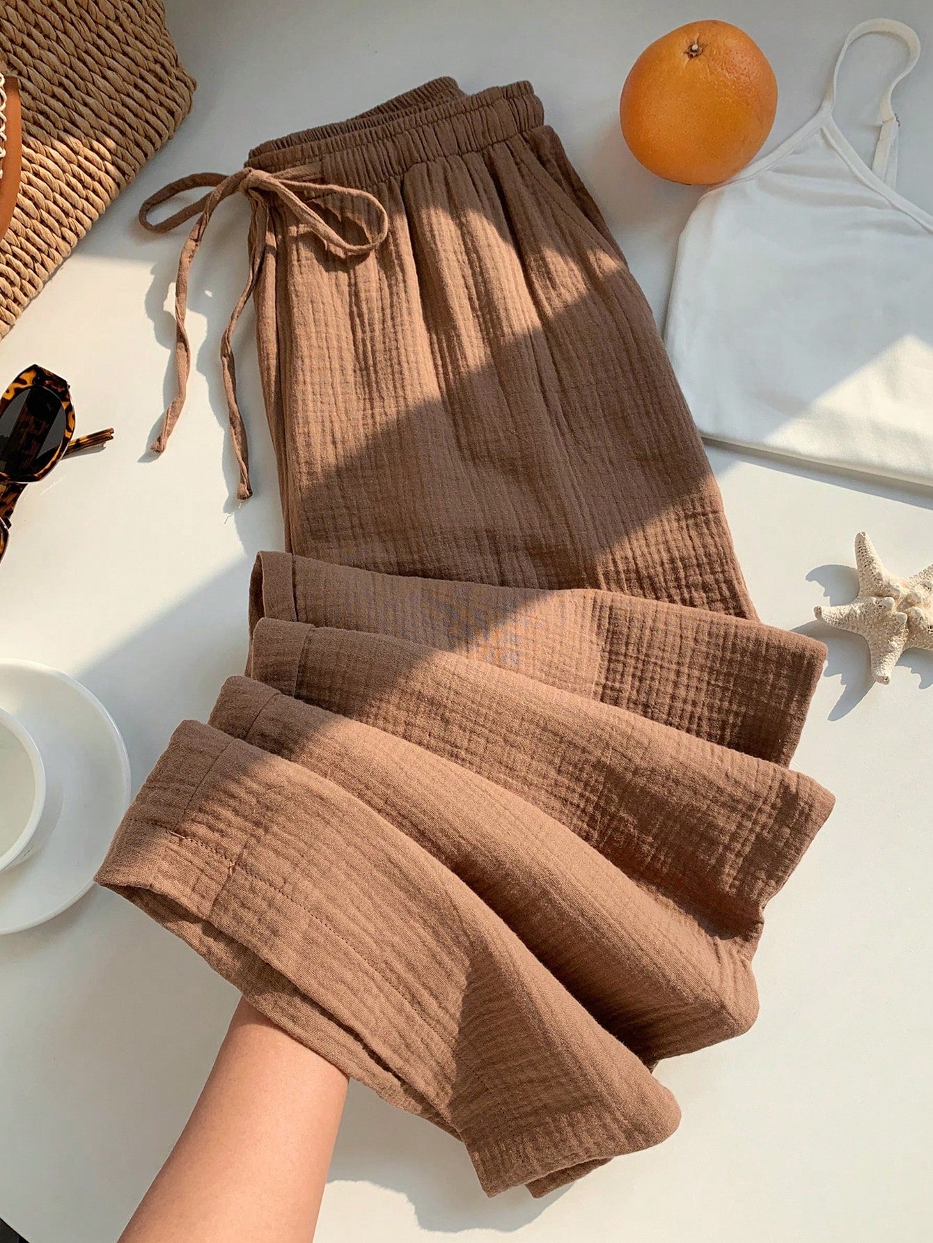 Women's Solid Color Simple Texture Wrinkled Loose Fit Pants For Daily Wear