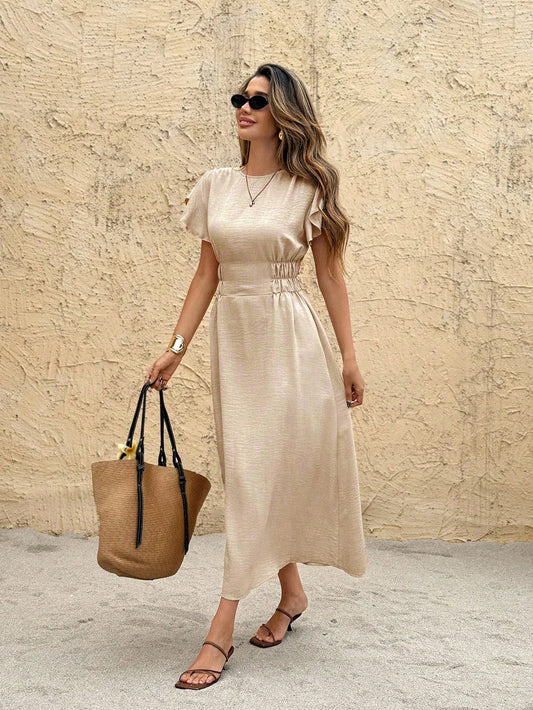 Women's Casual Solid Color Waist Cinched Mid-Length Dress Brown Summer Casual Brown Beach