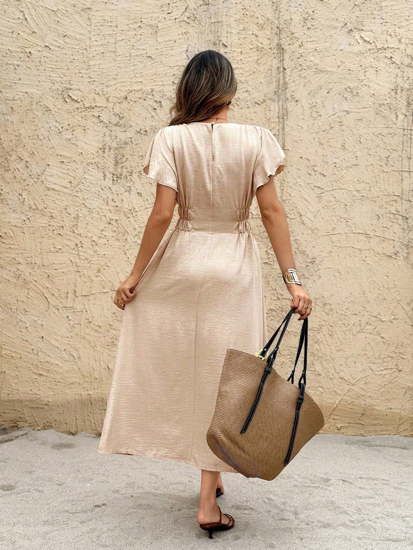 Women's Casual Solid Color Waist Cinched Mid-Length Dress Brown Summer Casual Brown Beach