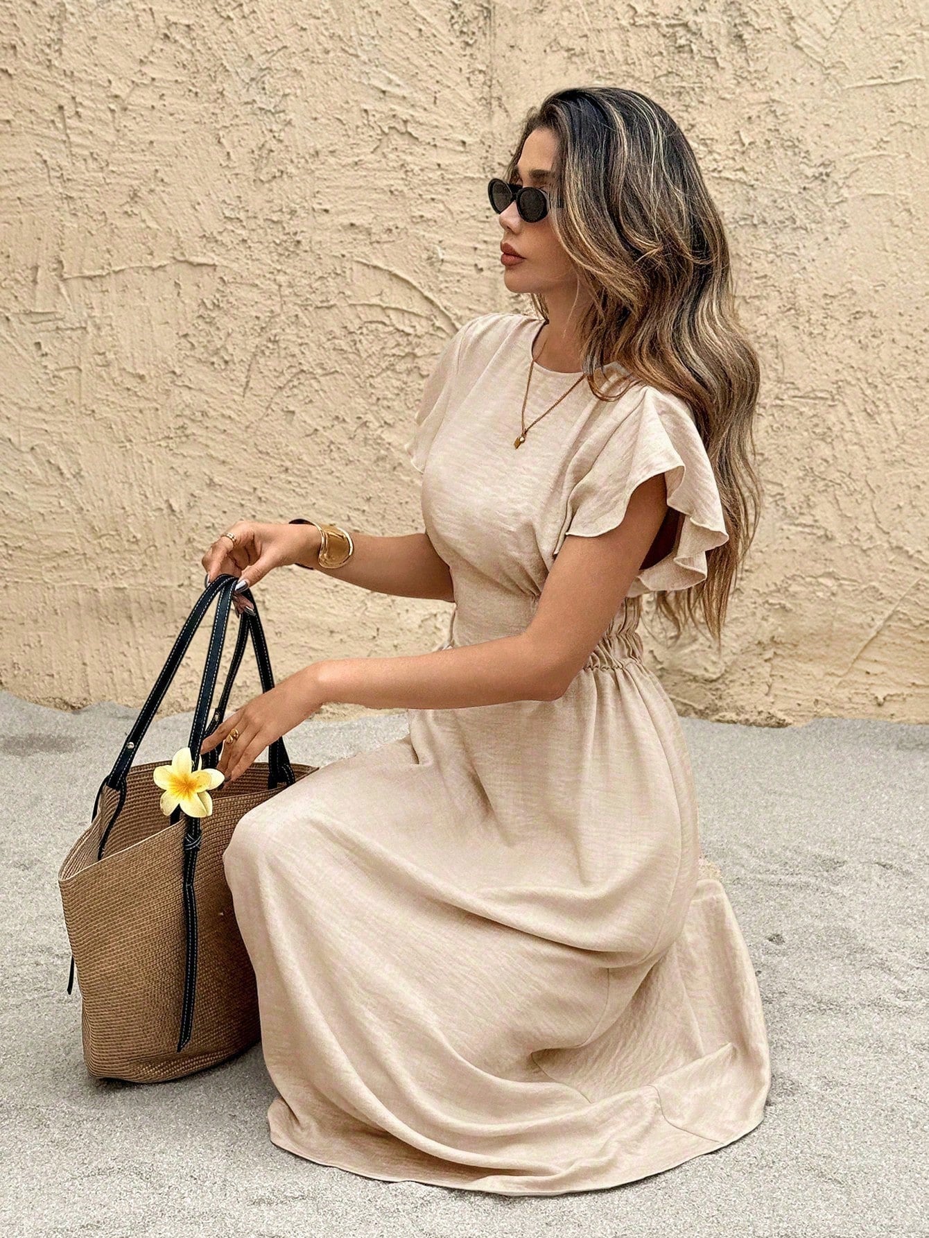 Women's Casual Solid Color Waist Cinched Mid-Length Dress Brown Summer Casual Brown Beach