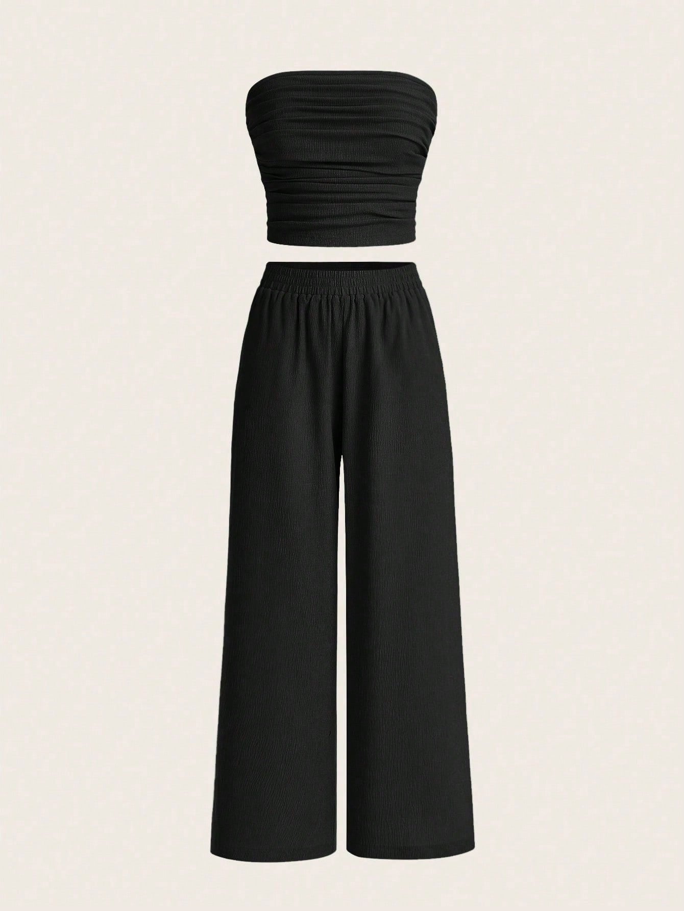 Women's Summer Casual Simple Strapless Top And Wide Leg Pants Two Pieces Set