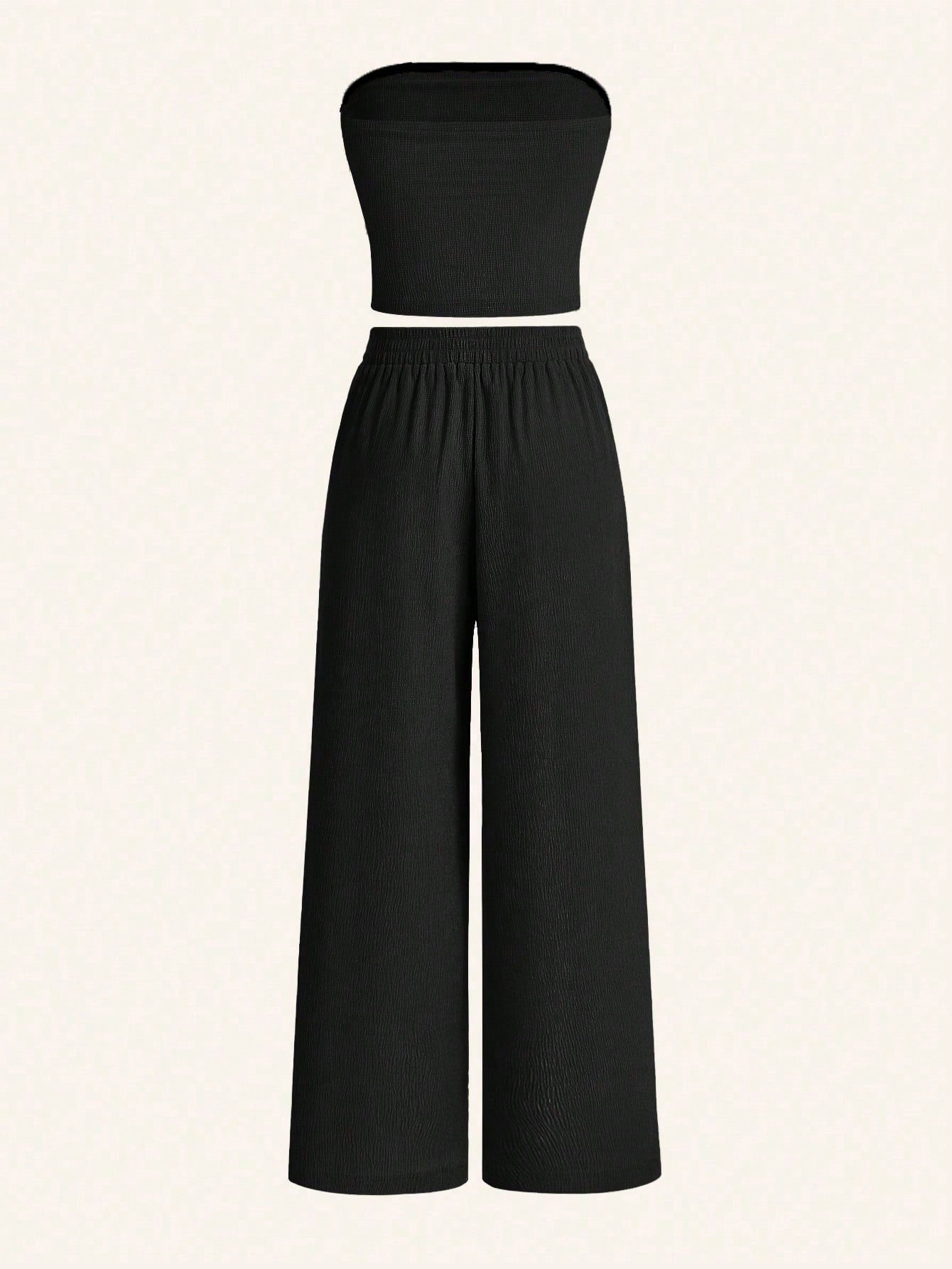 Women's Summer Casual Simple Strapless Top And Wide Leg Pants Two Pieces Set